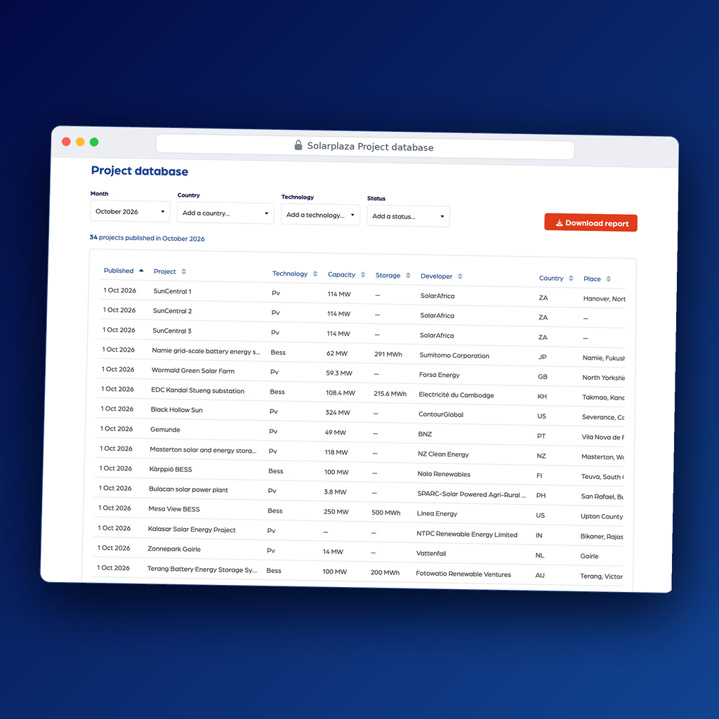 Project database spreadsheet preview with BESS and Europe filters